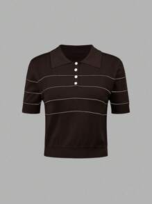 BizChic 2025 秋冬黑色 Polo 领半拉链单排扣撞色纽扣条纹针织毛衣上衣，优雅现代，适合商务、休闲、办公室、约会、派对、婚礼嘉宾、生日、万圣节、圣诞节 - 紫色 - 查看 9