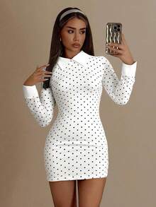 SHEIN ICON 女士合身黑白波点撞色领子星期三迷你连衣裙 - 白色 - 查看 6