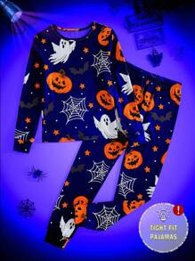 SHEIN 青少年男孩夜光万圣节南瓜和鬼魂印花紧身睡衣套装，长袖上衣和裤子，2 件套，返校时尚万圣节男童紧身睡衣 - 黑色 - 查看 3