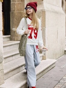 SHEIN Bộ 2 món/Bộ áo thun tay lỡ cổ chữ V in số phong cách đại học thường ngày cho bé gái tuổi teen và quần ống rộng - Nhiều màu - Xem 5