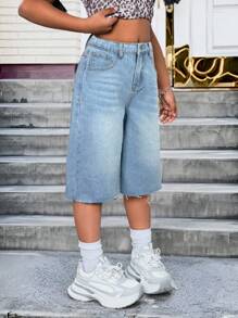 SHEIN Shorts vaqueros lavados informales para niñas preadolescentes, verano - Azul - Ver 1