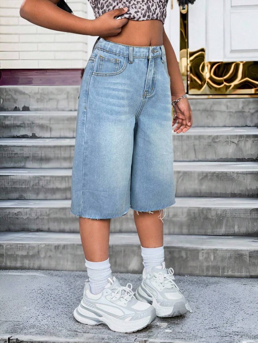 SHEIN Shorts vaqueros lavados informales para niñas preadolescentes, verano - Azul - Ver 1
