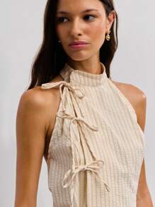 Nöista 夏季中国风领口亚麻条纹无袖蝴蝶结细节，饰有亚麻条纹和蝴蝶结细节！ - 杏色 - 查看 3