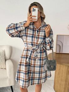 SHEIN LUNE Vestido camisero casual de mujer de manga larga a cuadros, vestido a cuadros de mujer de manga larga, vestido camisero a cuadros de mujer, vestido a cuadros de mujer para otoño