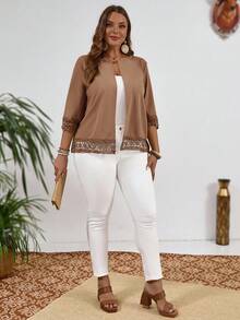 EMERY ROSE Plus Size Women Casual Loose Thin Jacket With Open Front And 3/4 Sleeves,Fall Clothes For Women Winter Autumn - Khaki - View 7