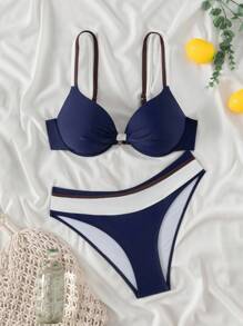 Swim Basics 2 Stücke/Set Damen Sommer Strand Urlaubs Mode unifarbener Push-Up gepolsterter Bikini Badeanzug Set
