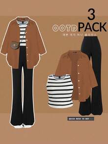 SHEIN MOOSTA Bộ 3 món vest, áo sơ mi và quần thường ngày cỡ lớn - Nhiều màu - Xem 1