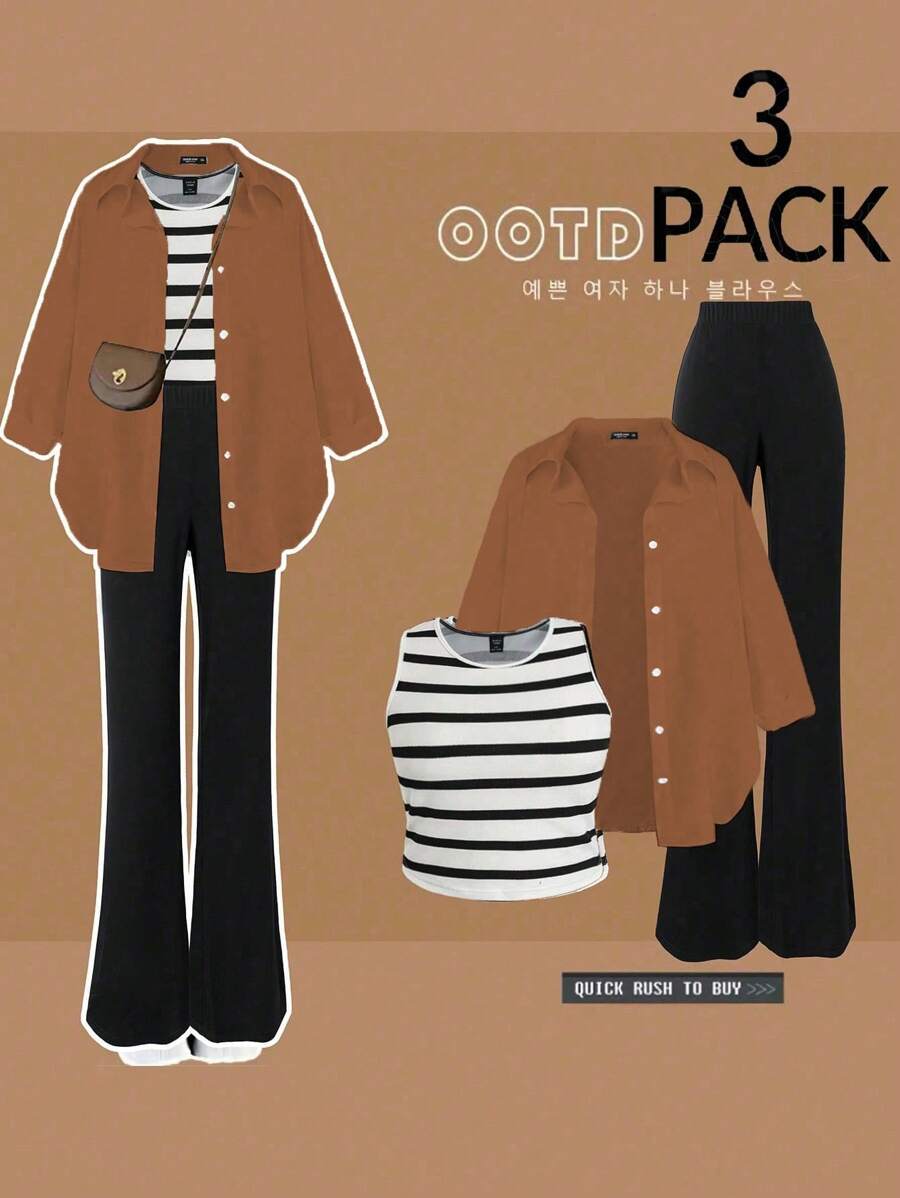 SHEIN MOOSTA Bộ 3 món vest, áo sơ mi và quần thường ngày cỡ lớn - Nhiều màu - Xem 1