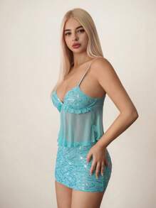 SHEIN ICON Women's Summer Casual Vacation Ruffle Trim Camisole Top & Mini Skirt 2 Pieces Set Fall Women Clothes Aqua Dress Sequin Dress - Teal Blue - View 13