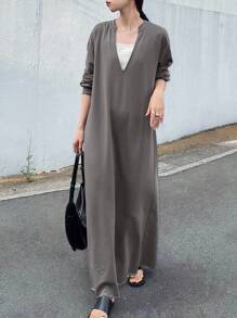 FRIFUL 女式宽松深 V 领落肩长袖开衩休闲长裙，灰色，秋季