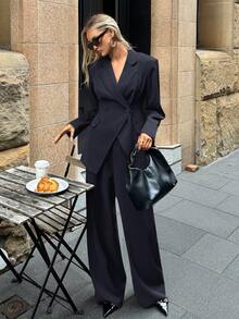 Aloruh 女士纯色翻领长袖夹克和裤子通勤日常基本款秋冬套装 - 藏蓝色 - 查看 1