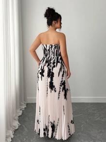 Elenzga 大码优雅露肩百褶花卉印花连衣裙，夏季 - 杏色 - 查看 7