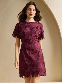 Anewsta 女式圆领法式复古刺绣短袖束腰连衣裙 - 紫色 - 查看 4