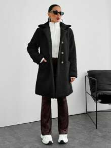 EURMUSE Women Warm Fabric Pocket Elegant Overcoat - Black - View 3