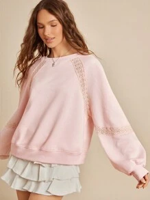 WESTFADE Fleece & Crochet Lace Crewneck Raglan Sleeve Boxy Fit Sweatshirt Back To School Fall Clothes - Pink - View 1