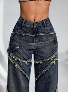 Jeanoix Jeans casuales anchos con diseño de hebilla y dobladillo deshilachado para mujer - Azul - Ver 6