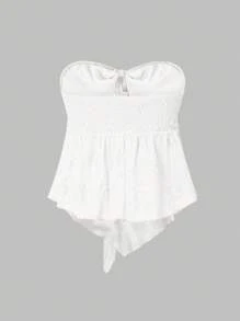 SHEIN Unity Ladies Summer Solid Color Front Knot Asymmetrical Hem Bandeau Top Y2K Outfit  For Holiday Party Clothes - White - View 2