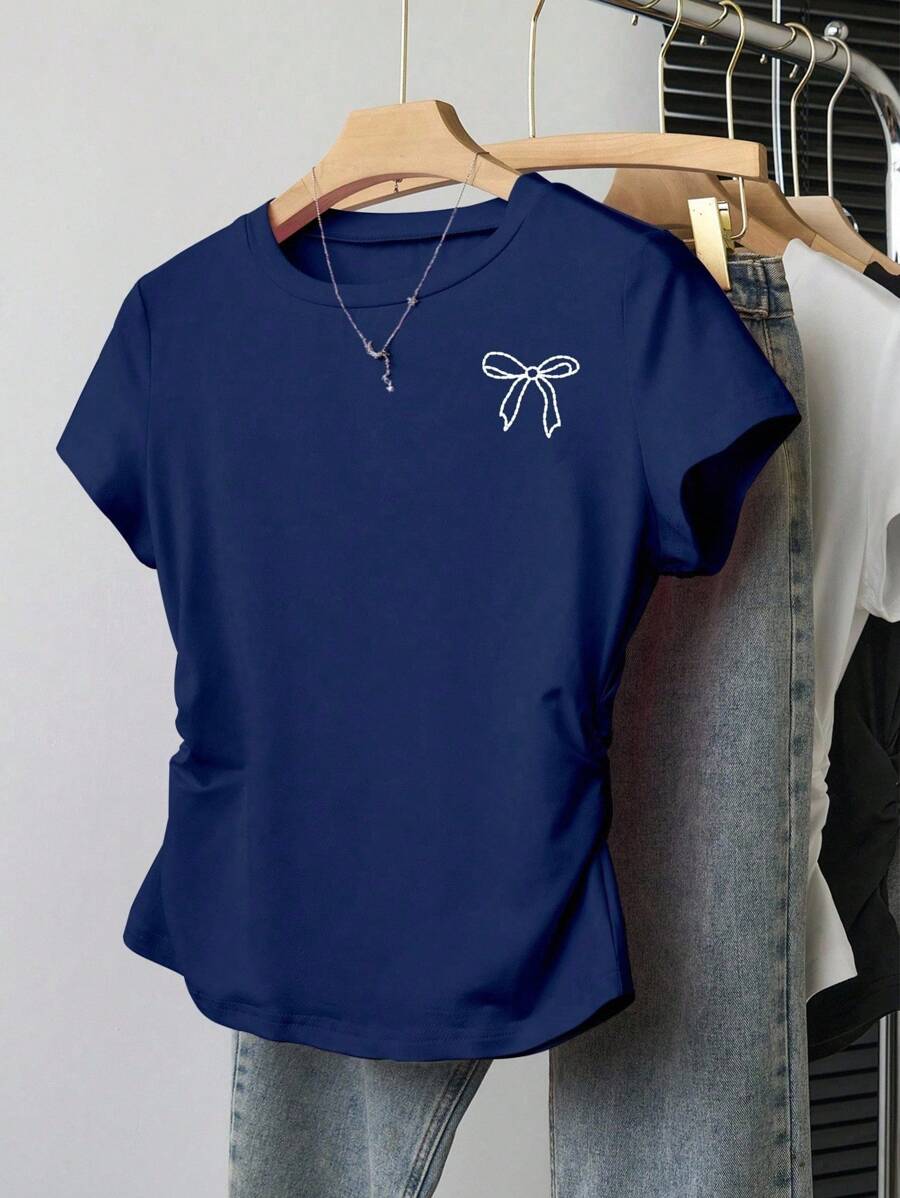 INAWLY Plus Size Women's Summer Casual Bowknot Print Gathered T-Shirt - Navy Blue - View 1