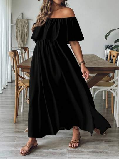 SHEIN VCAY Plus Size Svart Off Shoulder Lös A-linjeklänning, Semesterklänning, Svart Klänning