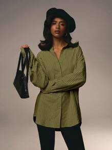 Athîral 女士前扣领长袖粉色条纹简约衬衫情人节款