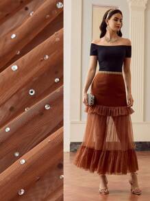 ZEYLAH Women's Elegant Patchwork Ruffle Hem Skirt - Coffee Brown - View 1
