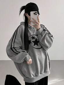 DAZY 五角星连帽衫，宽松学院风女式运动衫，秋冬款 - 灰色 - 查看 7