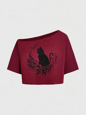 Fairycore T-shirt asymétrique à manches courtes décontracté avec imprimé floral et chat pour femmes