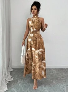 Modelyn Váy chữ A không tay buộc eo in họa tiết tie dye dành cho nữ, màu tím nhạt - Màu Khaki - Xem 6