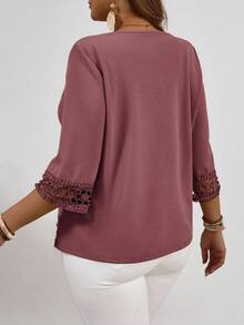 EMERY ROSE Plus Size Women's Solid Color Lace Patchwork Round Neck Casual Lightweight Blazer Winter Fall Autumn - Dusty Pink - View 2