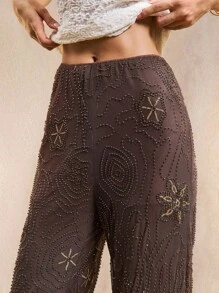 Easelle Quần ống đứng dáng rộng màu nâu họa tiết hạt phong cách Bohemian dành cho nữ, mùa hè - màu nâu - Xem 6