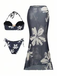 Selianne Bộ đồ bơi 3 món in họa tiết vỏ sò hở lưng cho nữ & váy maxi lưới, kỳ nghỉ hè - Nhiều màu - Xem 7
