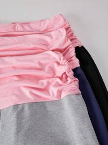 3 件套青少年女孩宽松直筒运动裤，腰带拼接撞色高弹针织面料，褶饰侧边，休闲裤，秋季 - 彩色 - 查看 4