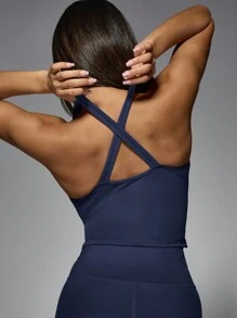 MISSGUIDED 高性能运动背心，前领口包裹，压缩支撑，瑜伽运动服，交叉后背设计，健身上衣，适合锻炼训练 - Dark Blue - 查看 7