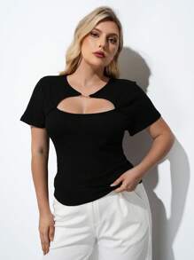 Maija Camiseta de mujer de talla grande de unicolor con diseño calado de manga corta ajustada, camiseta de moda de verano para mujer, vacaciones, playa, casual, salir, bohemia, oficina, festival para rave, Hawái - Negro - Ver 4