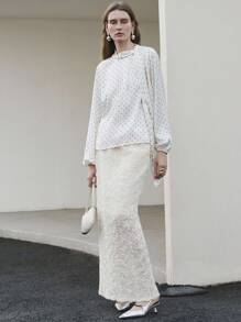 Uhlyne Chân váy suông xẻ tà họa tiết hoa 3D màu mơ thanh lịch dành cho nữ - Màu be - Xem 8