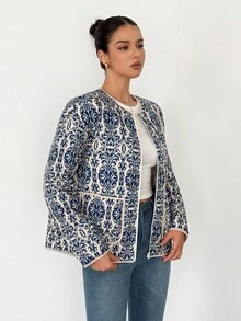 SHEIN Tall Women's Floral Print Long Sleeve Zip Front Casual Winter Jacket Printed Jacket Blue Jacket - Blue and White - View 5