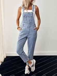 EMERY ROSE Patched Pocket Denim Overalls Without Tee - Light Wash - View 5