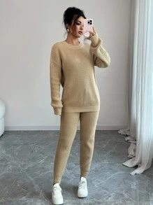 INAWLY 2 件套女士纯色圆领长袖毛衣和休闲裤套装 - 駝色 - 查看 3