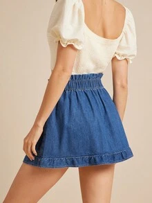 WESTFADE 褶饰腰部实用口袋荷叶边 A 字形牛仔短裤乡村西部牛仔竞技纳什维尔早午餐 - 深色水洗藍 - 查看 5