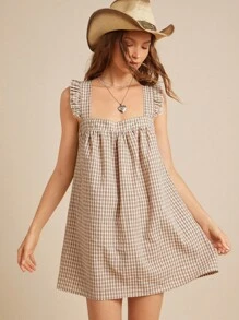 WESTFADE Cotton Blend Gingham Square Neck Ruffle Flutter Sleeve Mini Babydoll Dress Back To School Cute Fall Summer Western Country Concert Outfit - Khaki - View 3