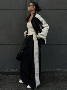 DAZY 女士秋季撞色拼接外套和裤子两件套，秋季女装家居服套装 - 黑色 - 查看 1