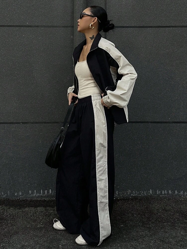 Women's Autumn Contrast Color Patchwork Jacket And Pants 2 Pieces Set,Fall Women Clothes Lounge Sets For Women