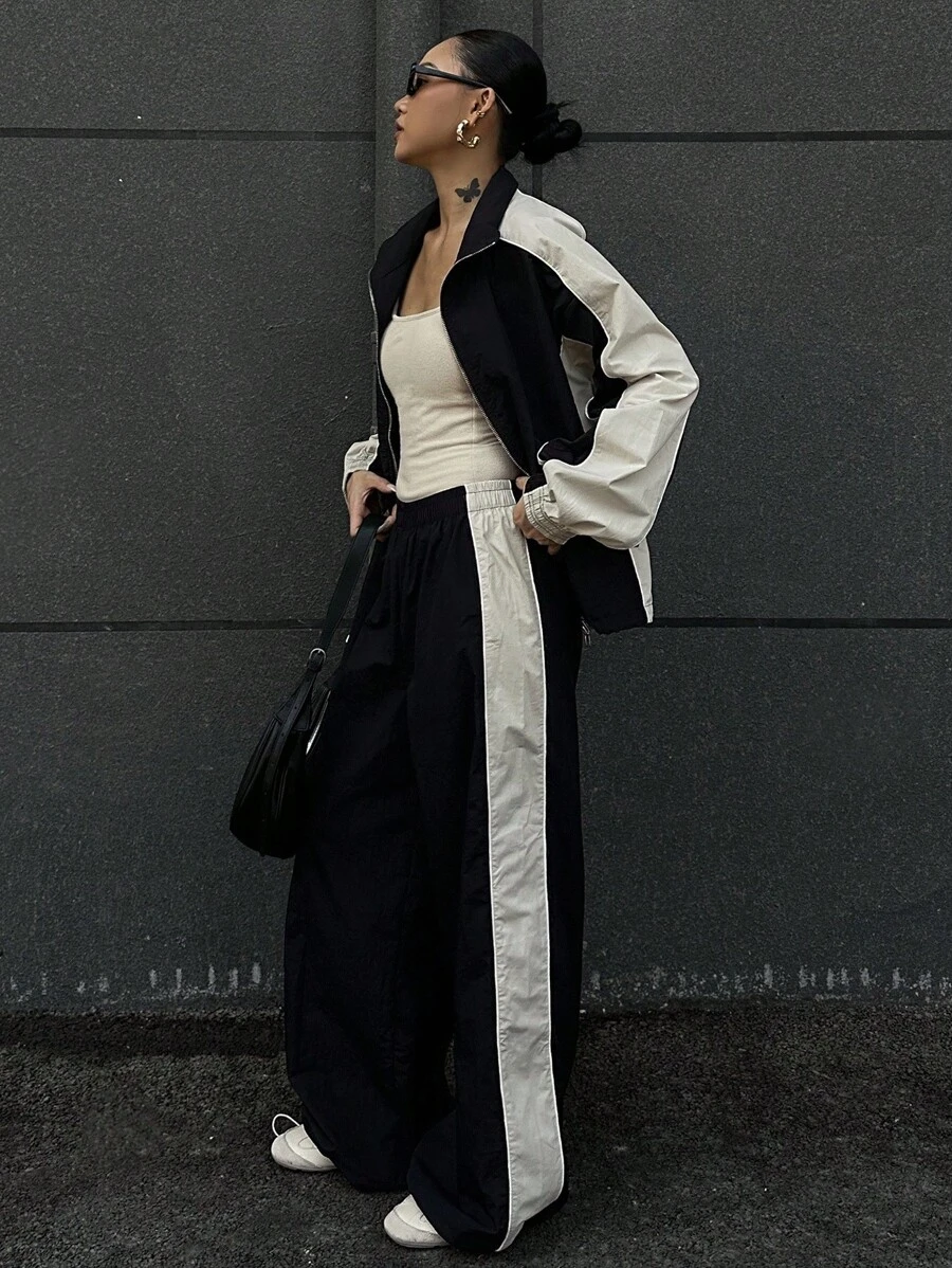 DAZY 女士秋季撞色拼接外套和裤子两件套，秋季女装家居服套装 - 黑色 - 查看 1