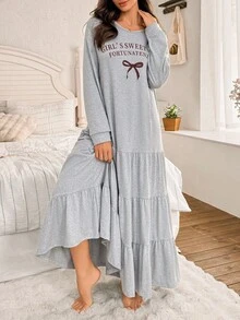 SHEIN Front & Center 休闲字母印花宽松长袖层叠式长款睡裙，秋季女士睡衣连衣裙家居服，冬季家居服连衣裙，宽松睡裙