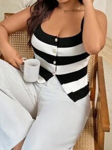 Vionelle 大码女式条纹针织吊带背心，时尚分层单品 - 黑與白 - 查看 1