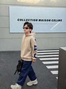 SHEIN Little Byeori Tween Boy Casual Korean Style Loose Fit Oversized Letter Graphic Hoodie And Elastic Waist Pants Set, Suitable For Autumn/Spring, Outdoor Play, School, Street Style, Party And Leisure,Winter Set,Winter Clothing,Fall Outfits,Fall Clothing,All Clothes For Kids, Teen Boy Hoodie, Boys Top And Bottom Hoodies, Boys Autumn Winter Casual Two Pieces Set - Navy Blue - View 2