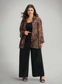 Comfylo Flowy Sheer Leopard Print Plus Size 2 Pieces Set: Blouse And Wide Leg Pants Plus Size Pants Set Animal Print Plus Size Cheetah Print Outfit Women Chic Winter Winter Party Fall Halloween Christmas