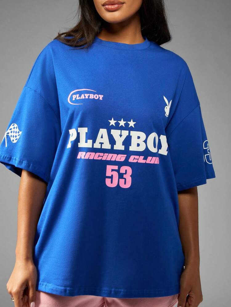 Missguided x Playboy Retro Racing Club Logo Printed Oversized Statement T Shirt Graphic Design Motorcycle Inspired Streetwear Racing Fan Essential Car Racing