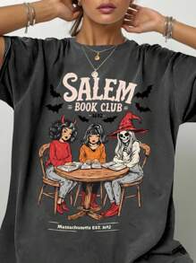 EMERY ROSE Áo phông Halloween cỡ lớn, Áo thun tay ngắn họa tiết đường phố cỡ lớn, Áo mùa hè dễ thương, Phong cách kỳ nghỉ với điểm nhấn màu đỏ - Màu xám đen - Xem 4