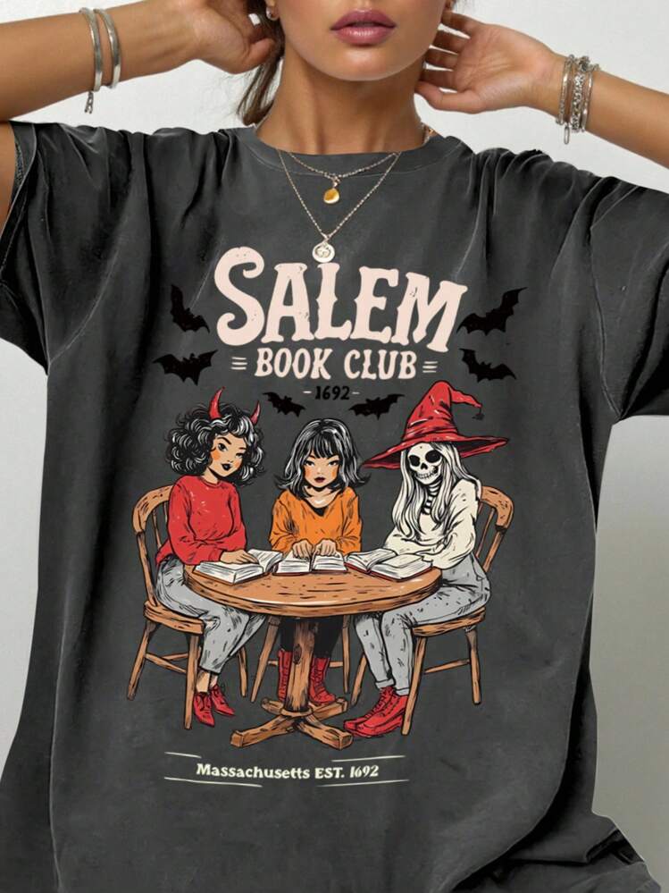 EMERY ROSE Áo phông Halloween cỡ lớn, Áo thun tay ngắn họa tiết đường phố cỡ lớn, Áo mùa hè dễ thương, Phong cách kỳ nghỉ với điểm nhấn màu đỏ - Màu xám đen - Xem 4